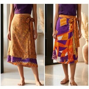 Reversible Sari Wrap Skirt Purple Orange Gold Geometric Midi Skirt Whimsigoth